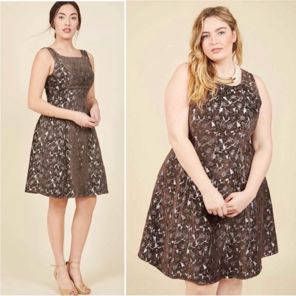 ModCloth Genuine Joy Dress Brown & Silver Jacquard Fit & Flare with Pockets 1X